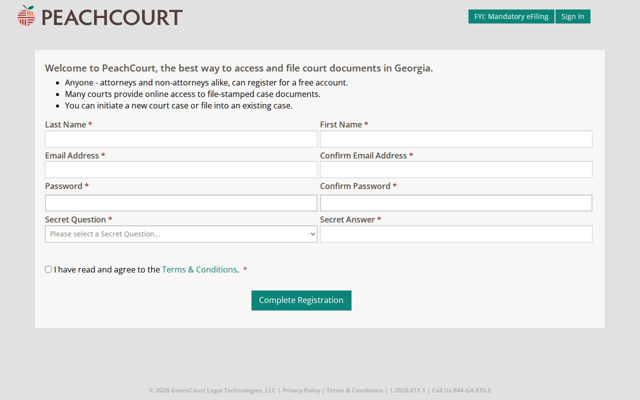 PeachCourt registration form for Monroe County case search access