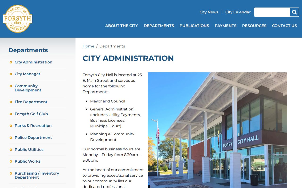 Forsyth city administration page with Municipal Court contact details