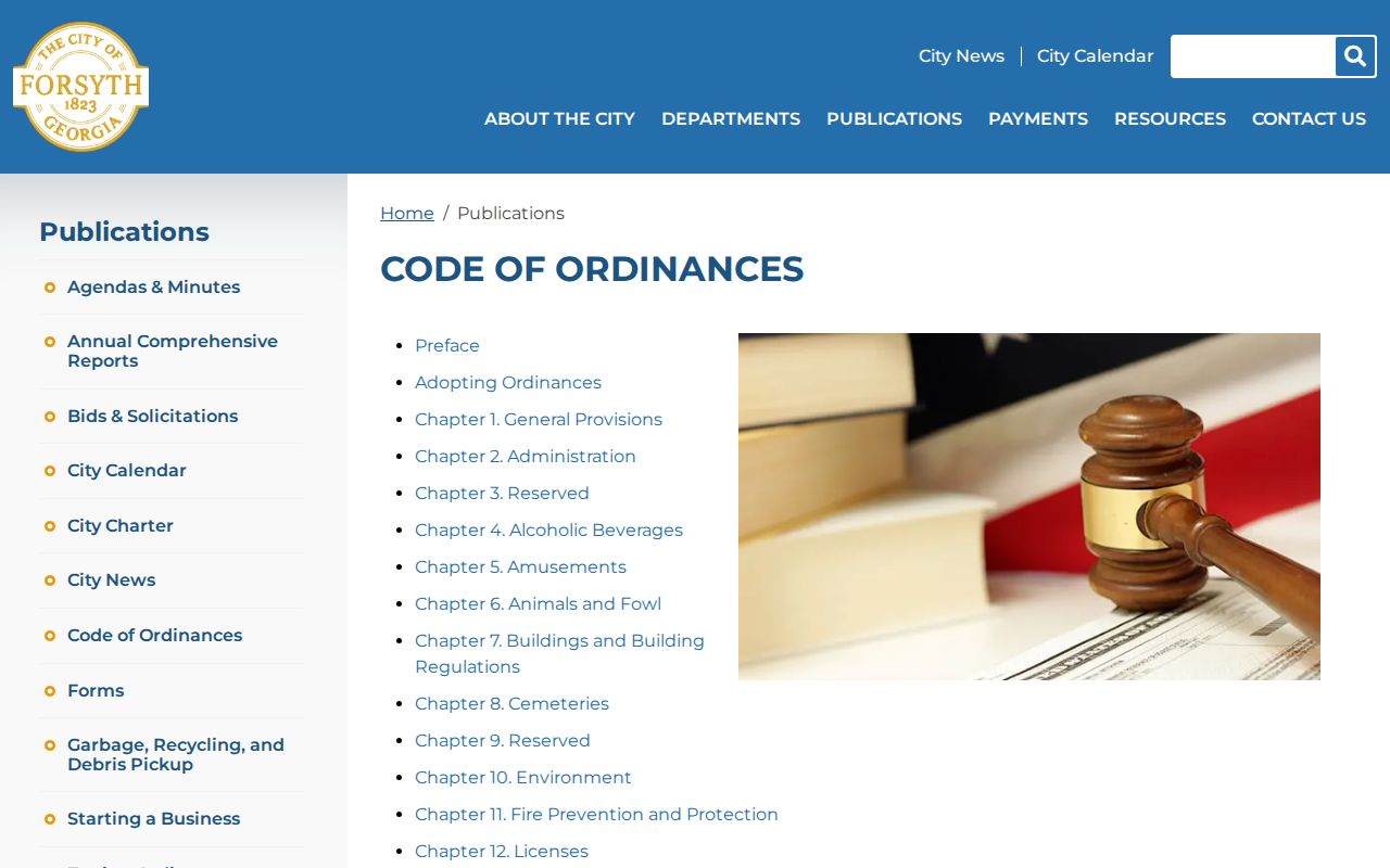 Forsyth code and ordinances page for Municipal Court and traffic chapters